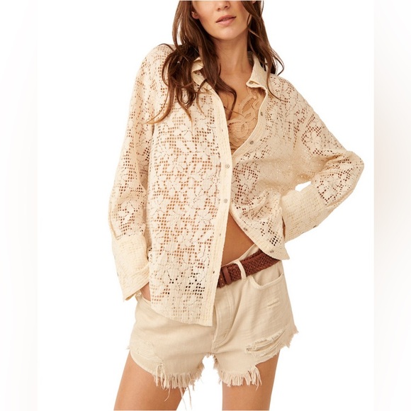 Free People Tops - NWT Free People In Your Dreams Lace Button-Up Shirt in Tea Size Medium